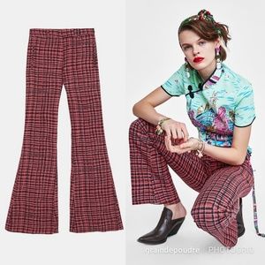 Rare! Zara Studio Pink Checkered Plaid Retro Bell Bottom Pant S M v-day
